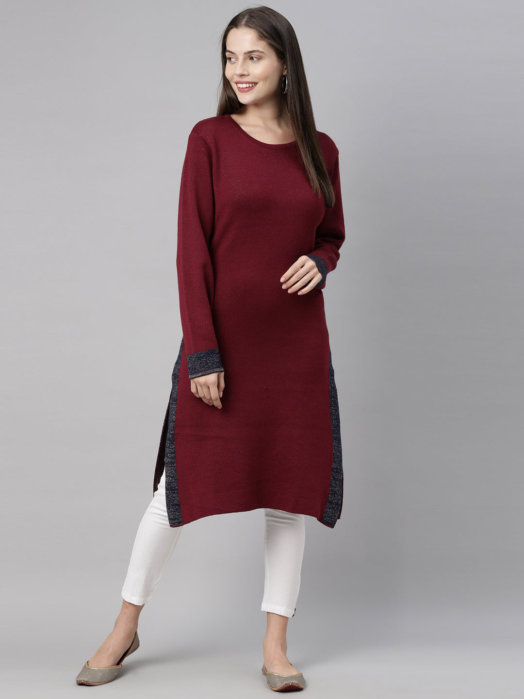 Neerus Maroon acrylic woven knitted kurti - detail view 5