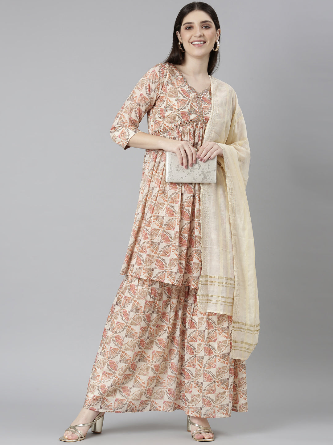 Neerus Pink printed straight kurta set with palazzo and dupatta - detail view 2