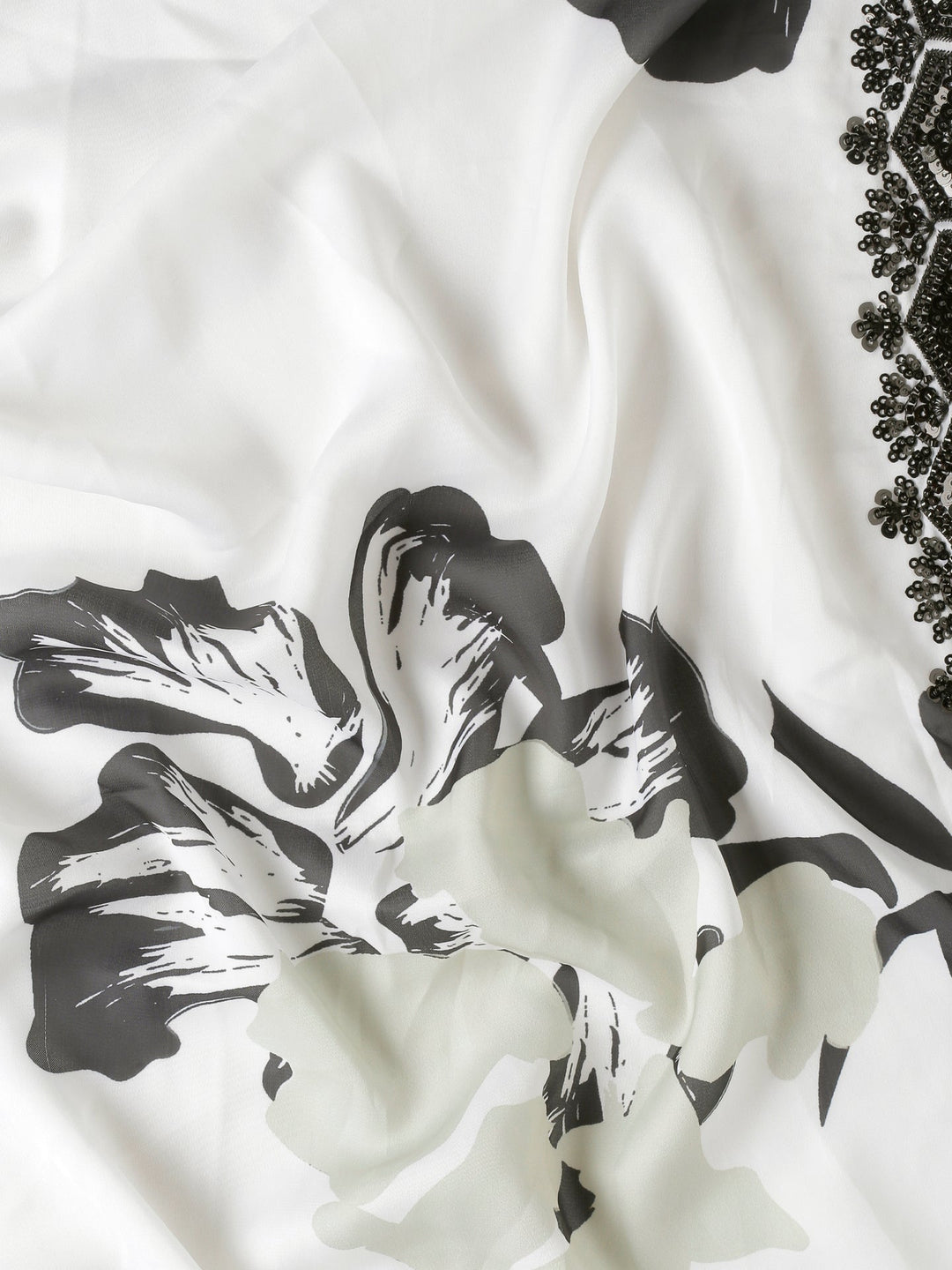 Neerus Black satin hand embroidered printed saree - detail view 4