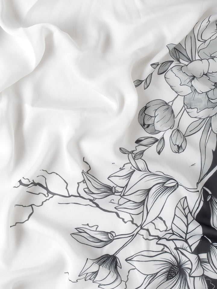 Black & White Satin Printed Saree With Hand Embroidery & Readymade Blouse