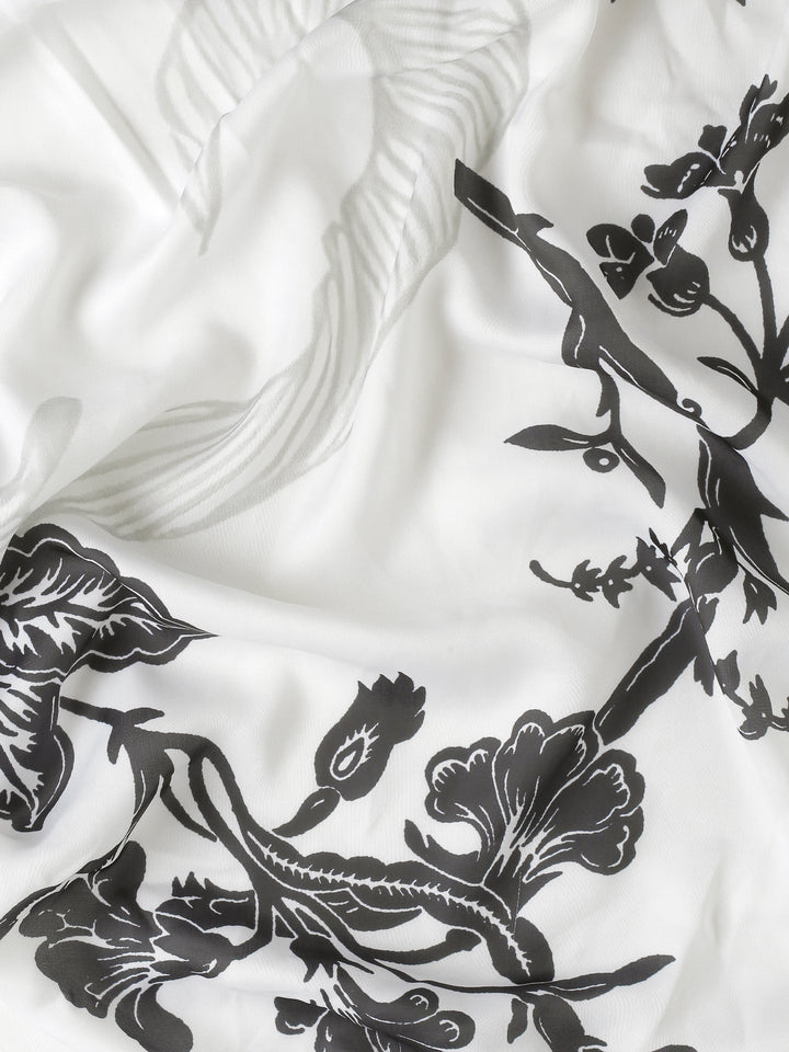 Black & white satin printed saree with hand embroidery & ready made blouse