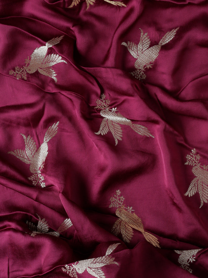 Neerus Maroon Banarasi woven saree with gold silver motifs - detail view 4