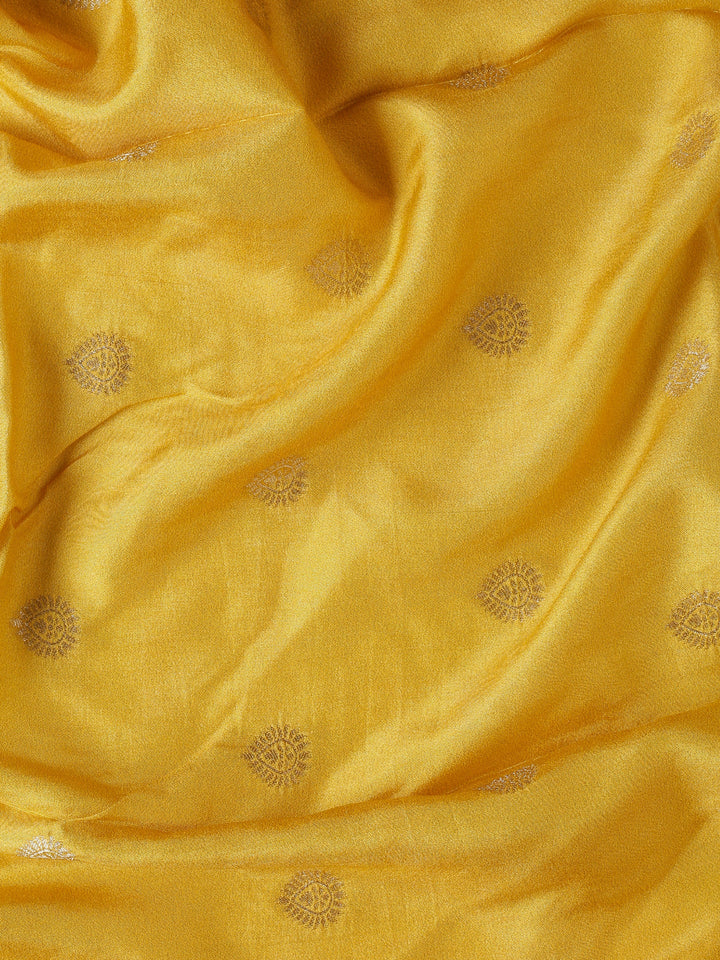 Yellow banarsi saree with floral print & zari border