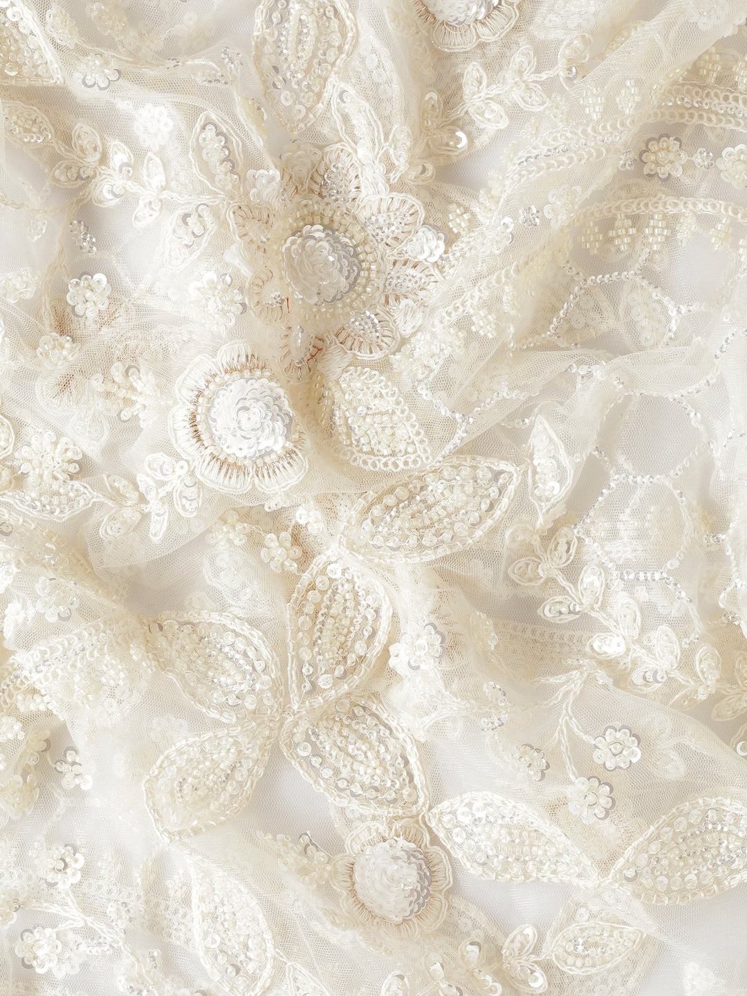 Neerus Beige net hand embroidered saree with pearl sequins - detail view 3