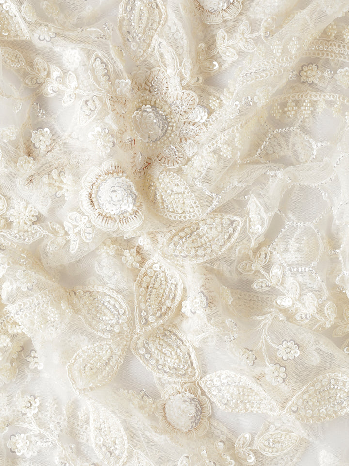 Neerus Beige net hand embroidered saree with pearl sequins - detail view 3