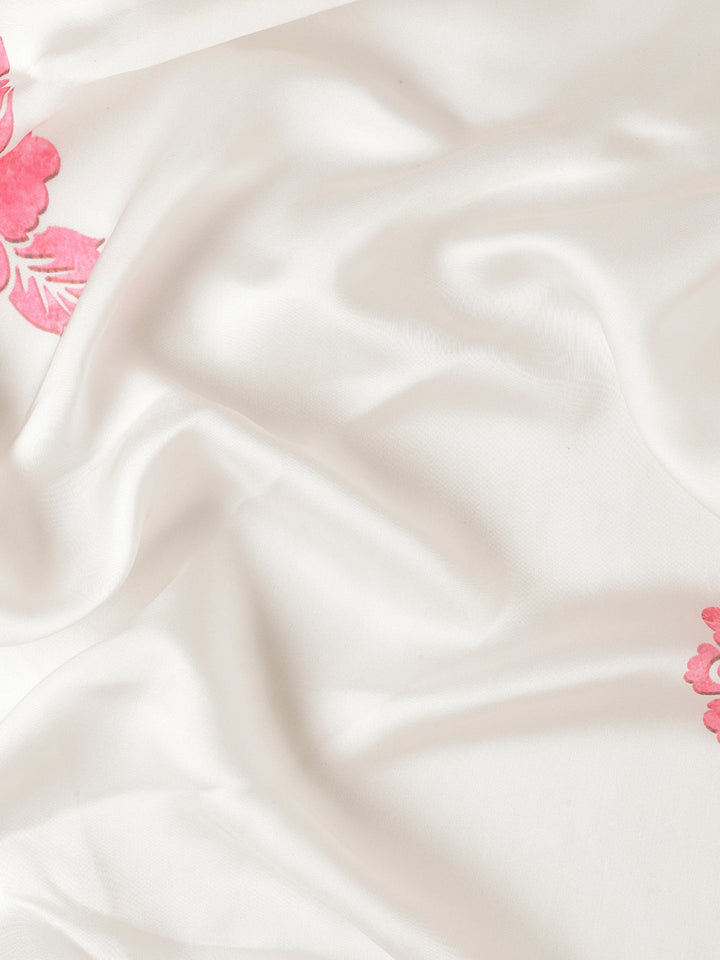Cream Satin Saree With Pink Printed Motifs With Swarovski Embroidery