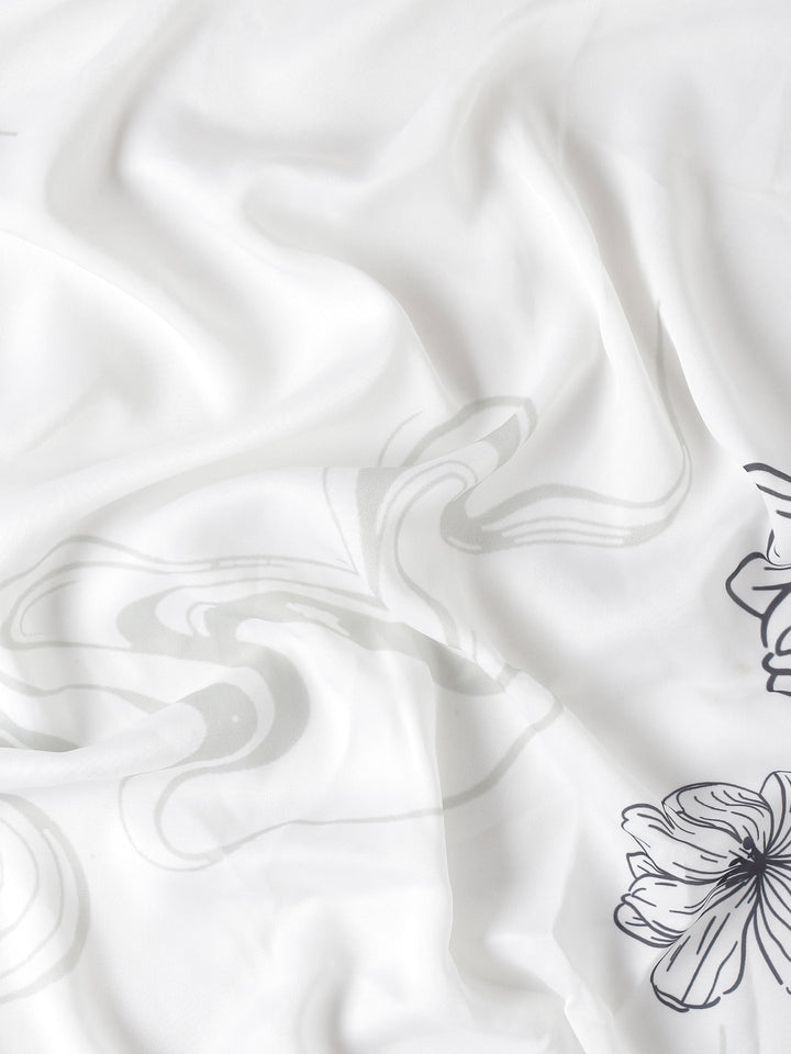 Black & White Satin Printed Saree With Hand Embroidery And Ready Made Blouse