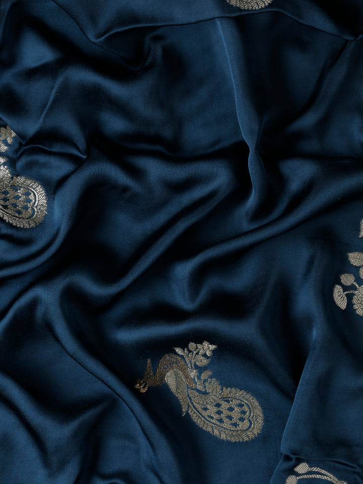 Neerus Blue Banarasi woven saree with peacock motifs - detail view 4