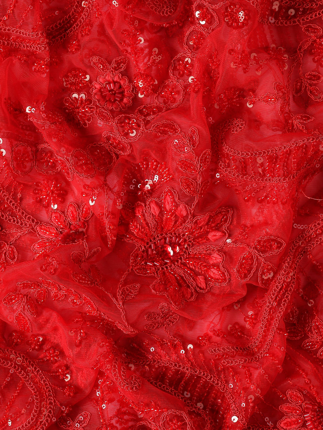 Neerus Red net hand embroidered saree with pearl sequins - detail view 3