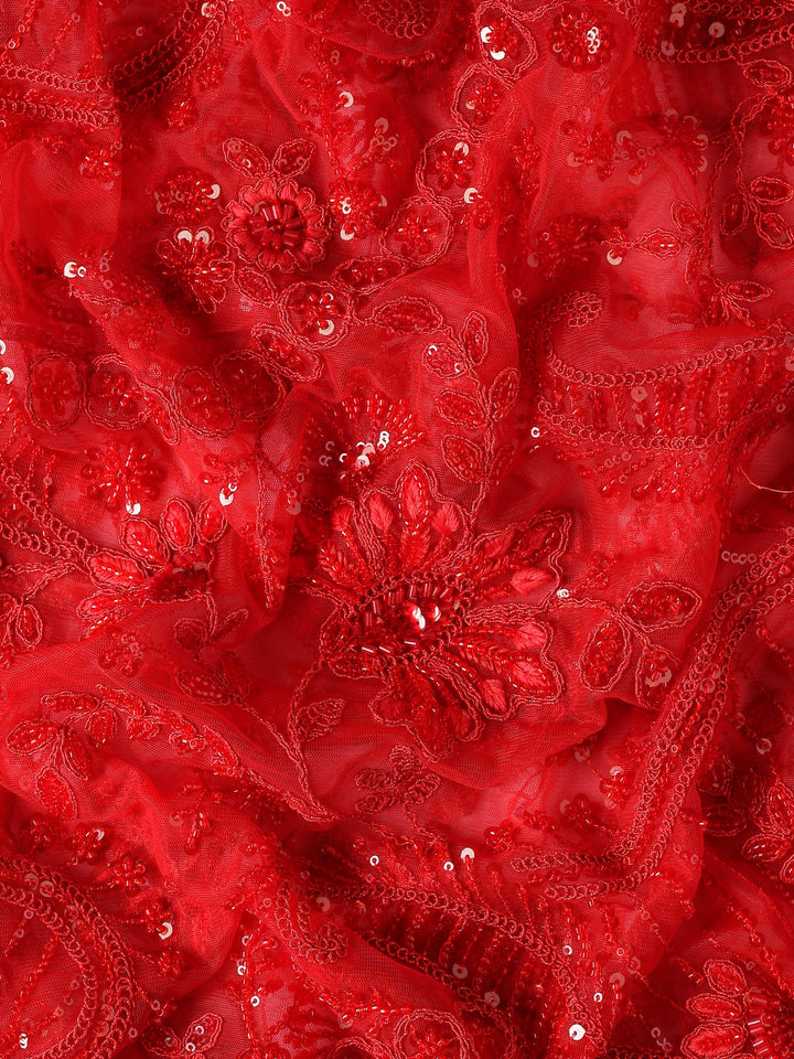 Neerus Red net hand embroidered saree with pearl sequins - detail view 3