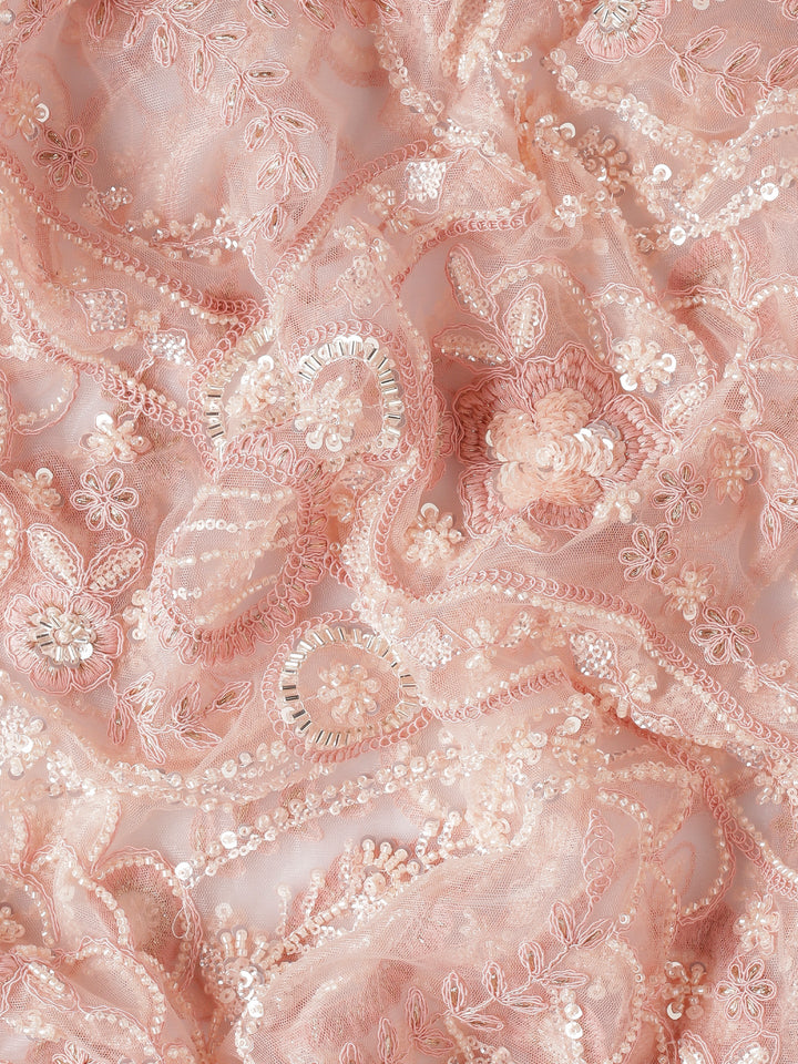 Peach net saree with pearl and sequins hand embroidery with scallop border