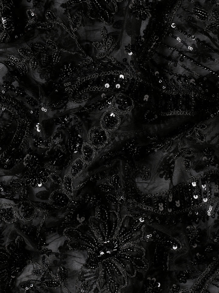 Black net saree with sequin heavy hand embroidery