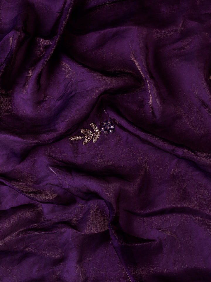 Neerus Purple satin hand embroidered saree - detail view 4