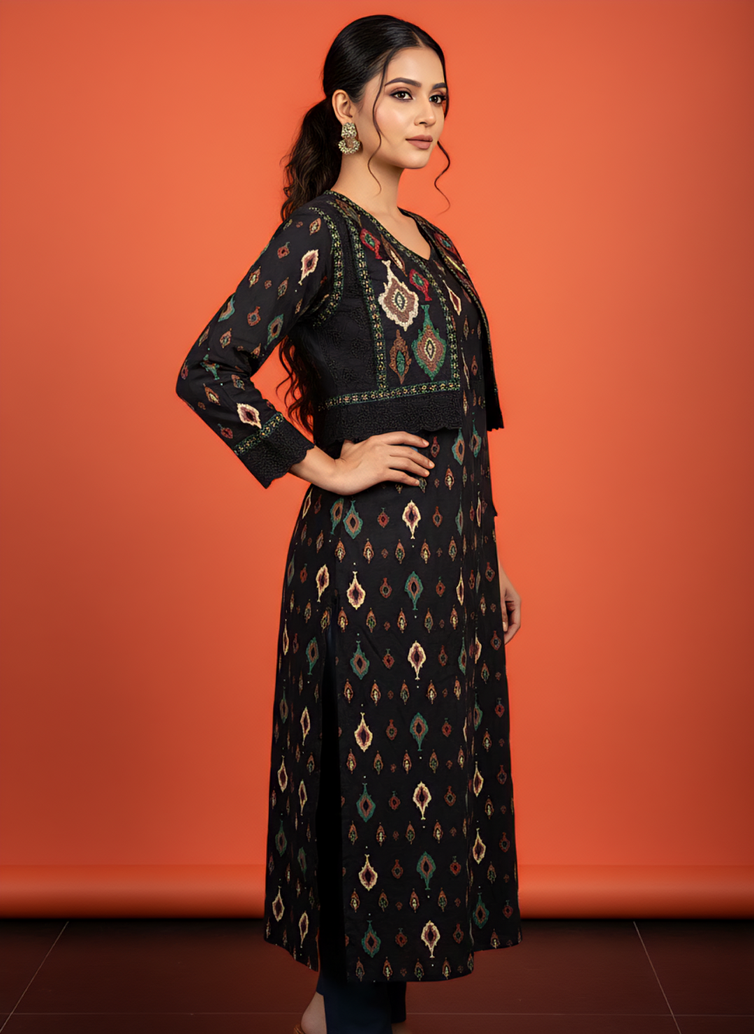 Neerus Black cotton digital printed kurti - back view