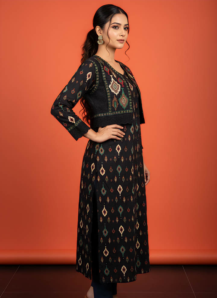 Neerus Black cotton digital printed kurti - back view