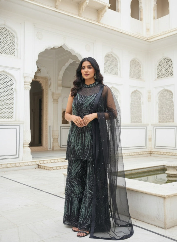 Neerus Black net embellished kurta palazzo suit set - detail view 1