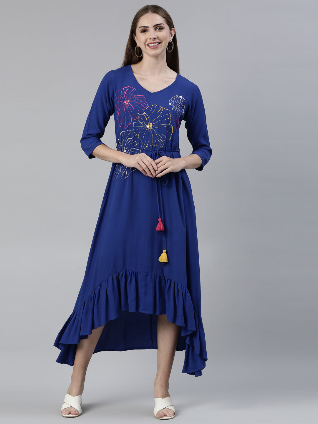 Neerus Blue viscose rayon printed anarkali kurti - front view