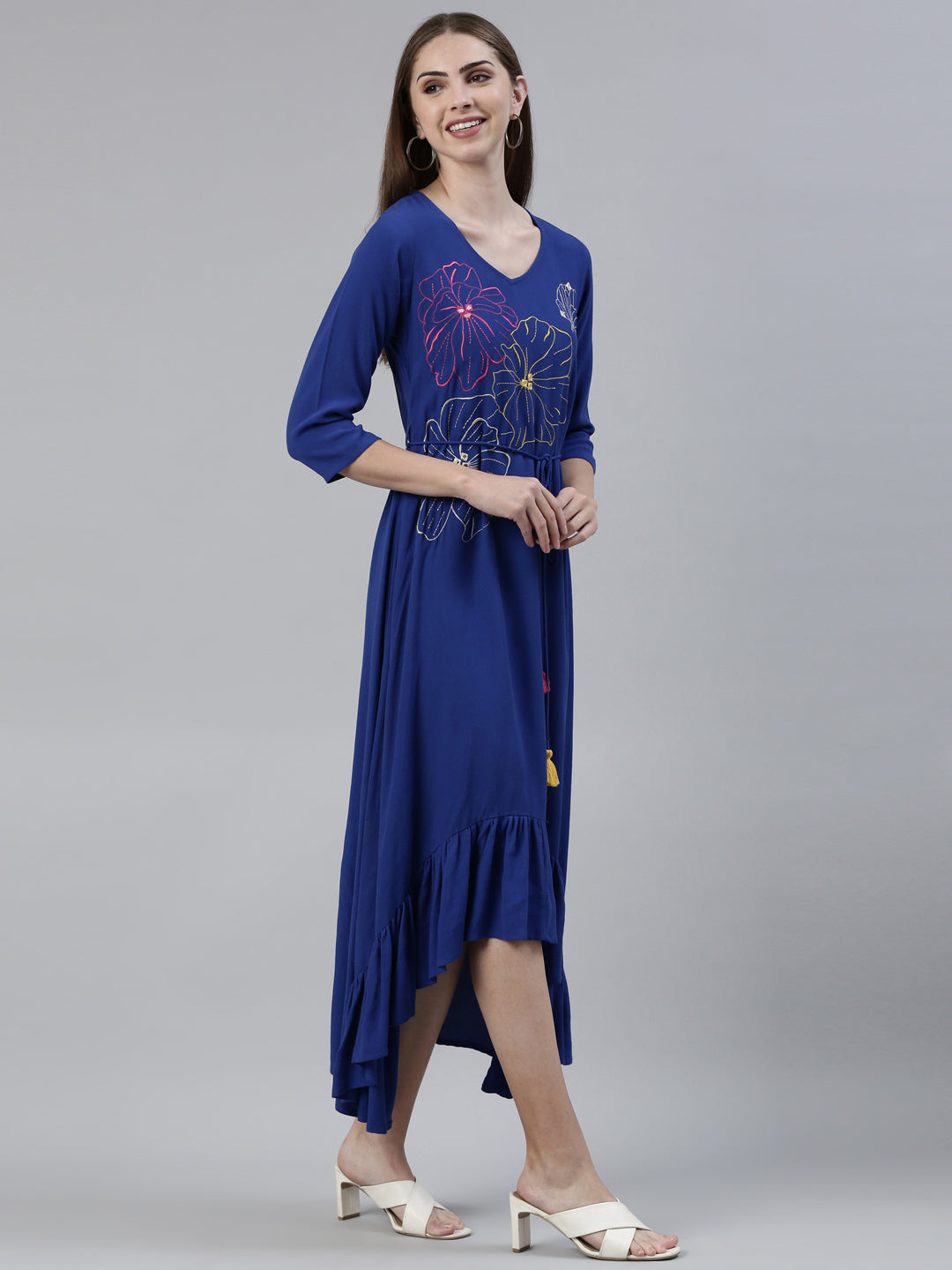 Neerus Blue viscose rayon printed anarkali kurti - back view