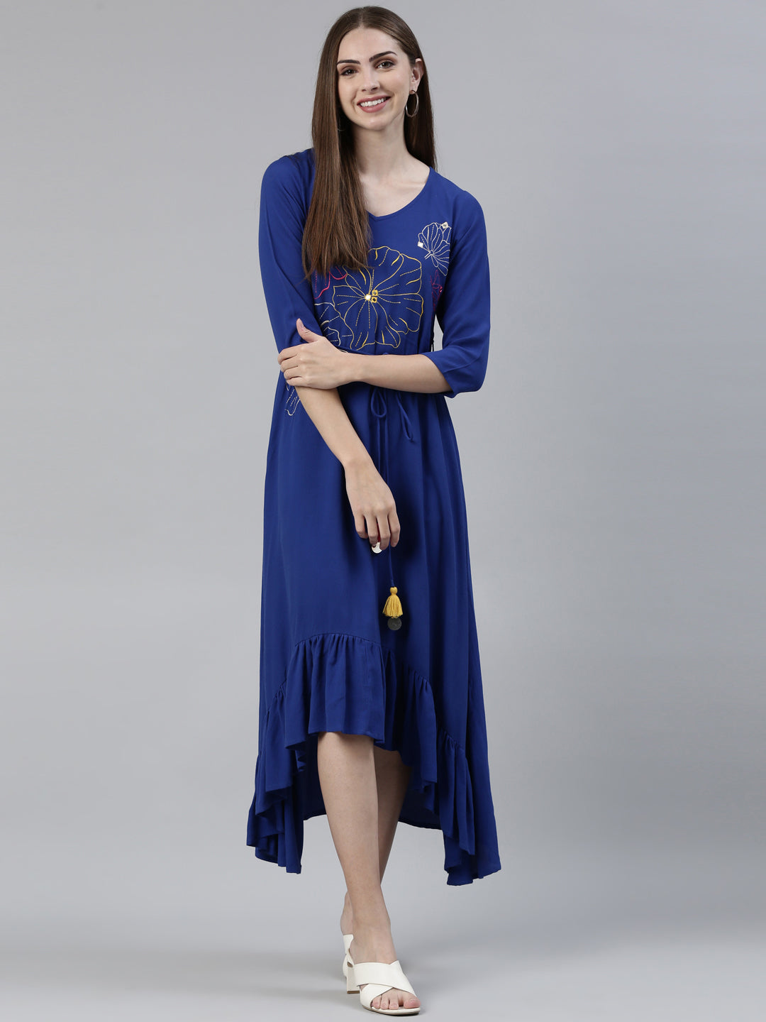 Neerus Blue viscose rayon printed anarkali kurti - detail view 2