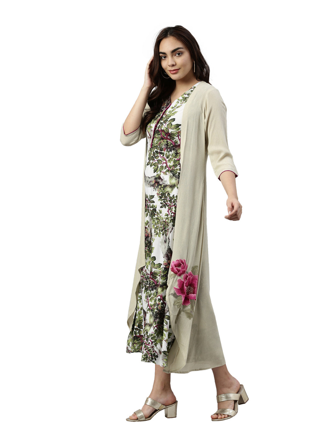 Neerus Green chiffon printed kurta - detail view 3