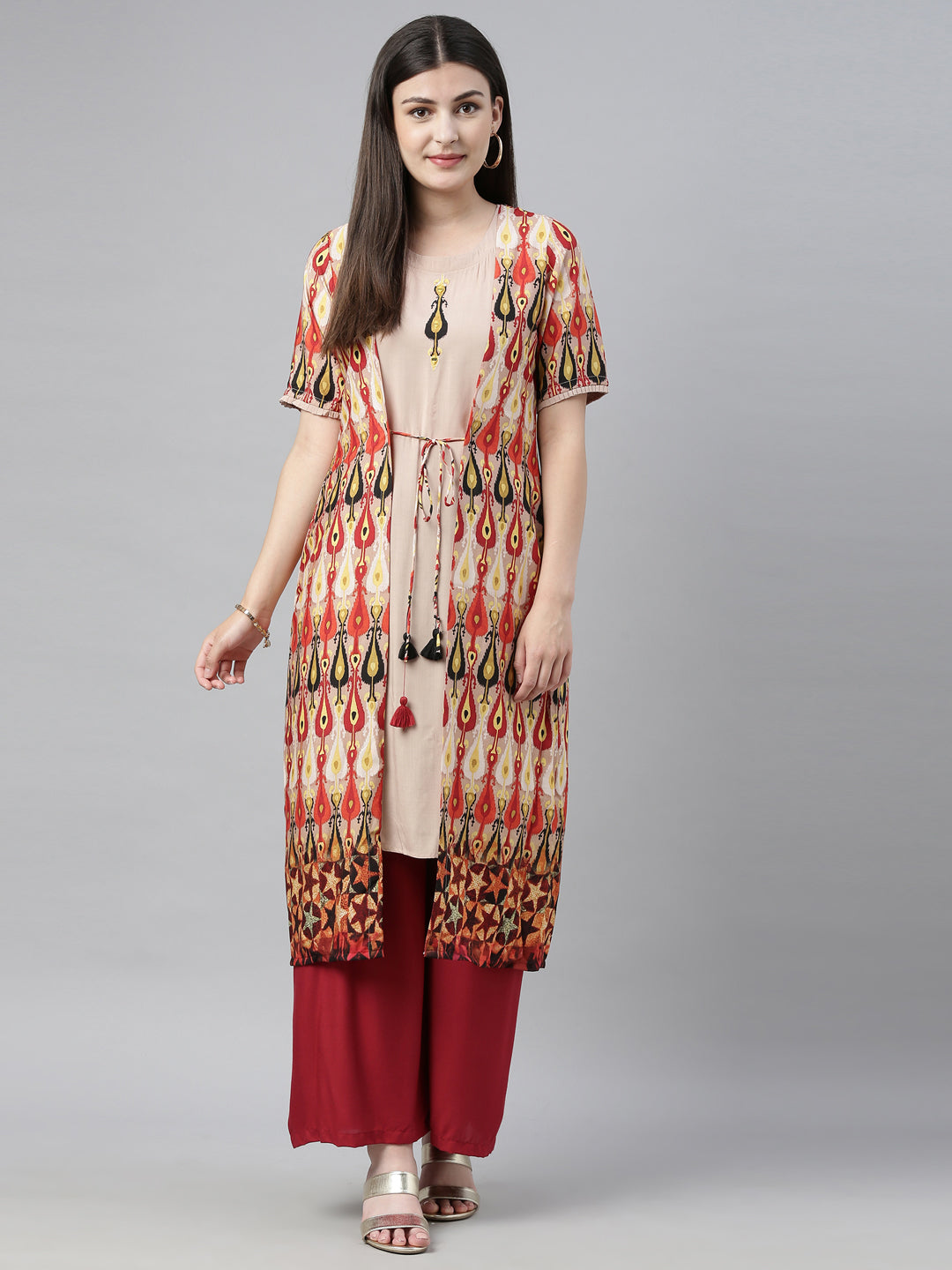 Neerus Beige printed straight kurta with jacket - front view