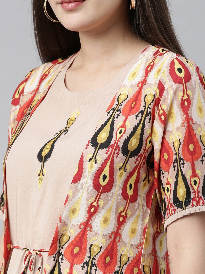 Neerus Beige printed straight kurta with jacket - back view