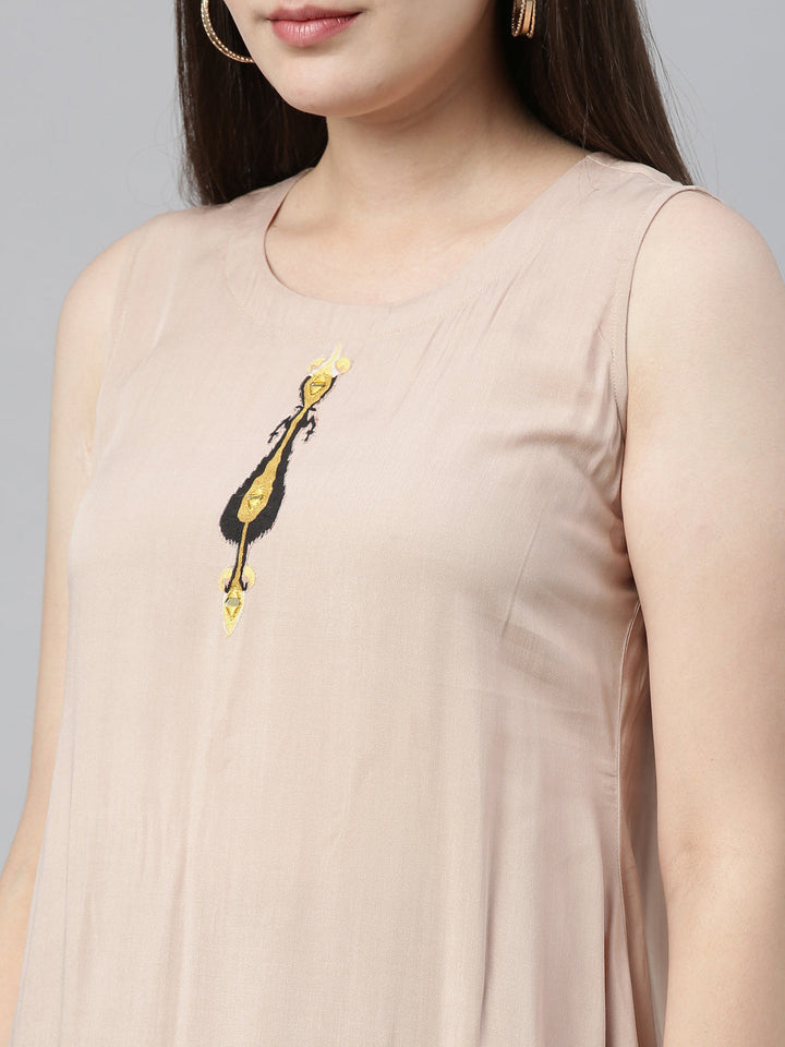Neerus Beige printed straight kurta with jacket - side view
