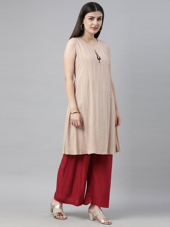 Neerus Beige printed straight kurta with jacket - detail view 5