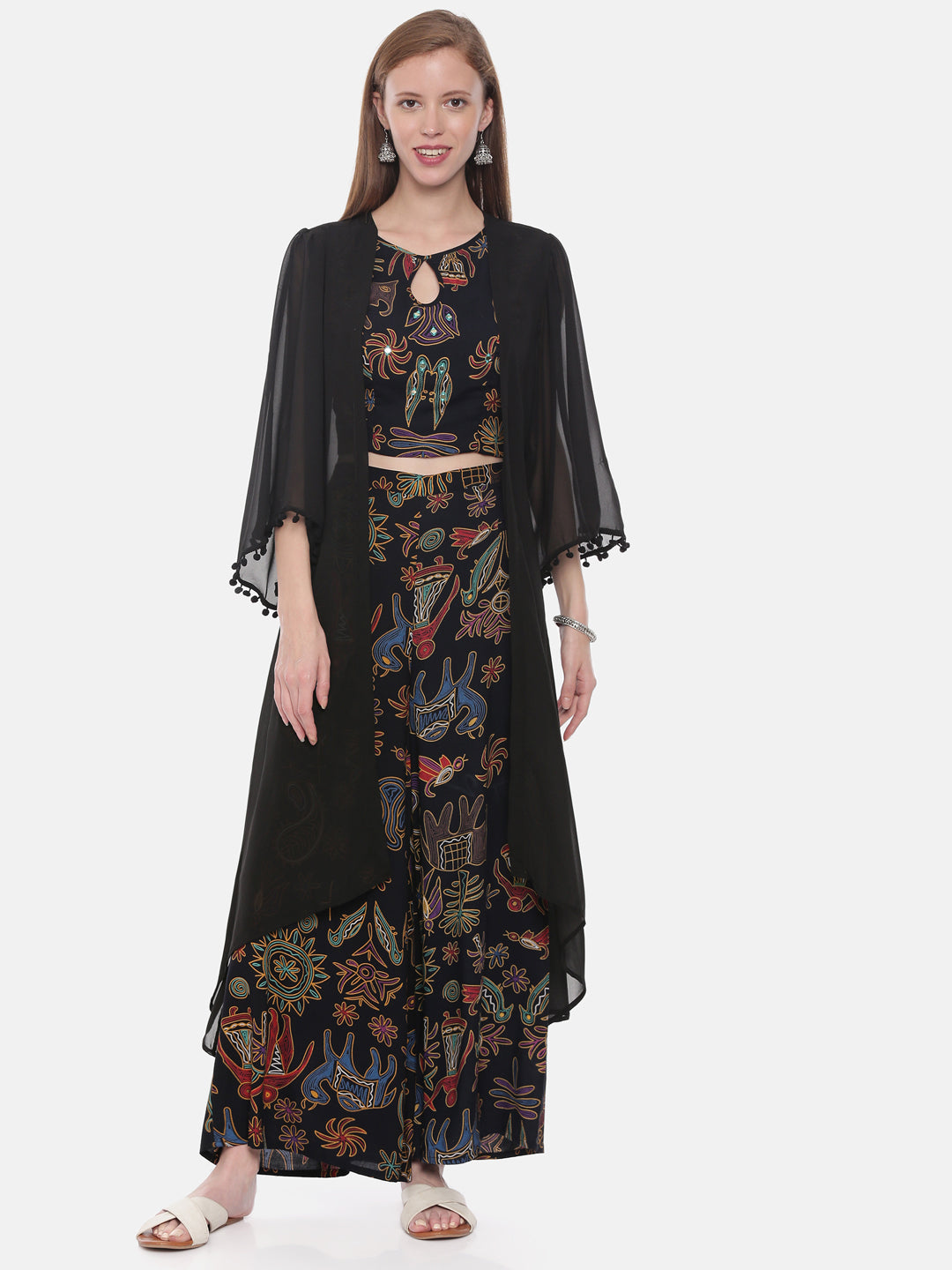 Neerus Black rayon solid kurti crop-top - front view
