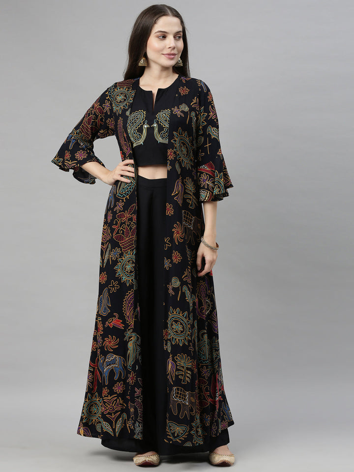 Neerus Black rayon solid kurti - front view