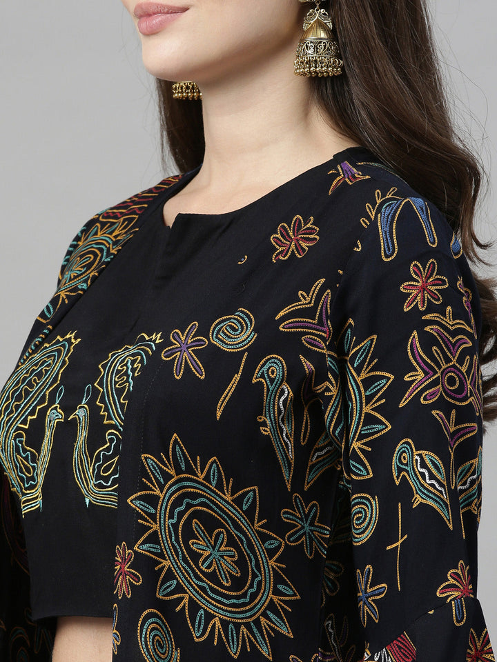 Neerus Black rayon solid kurti - back view