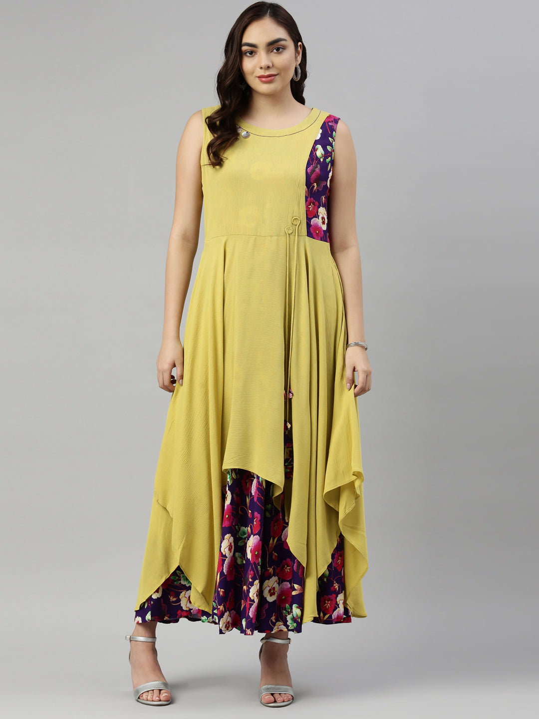 Neerus Yellow chiffon printed kurti - front view