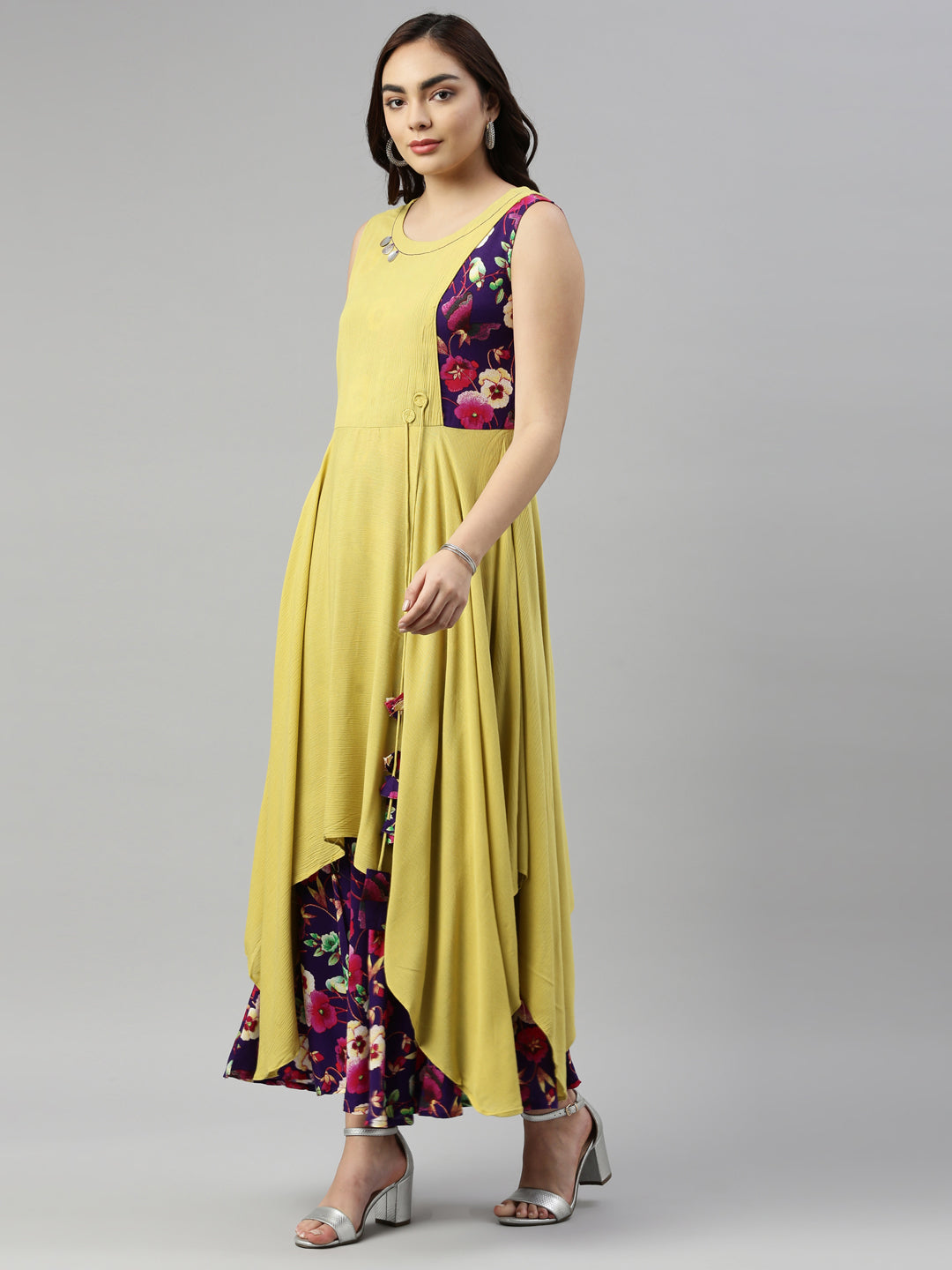 Neerus Yellow chiffon printed kurti - side view