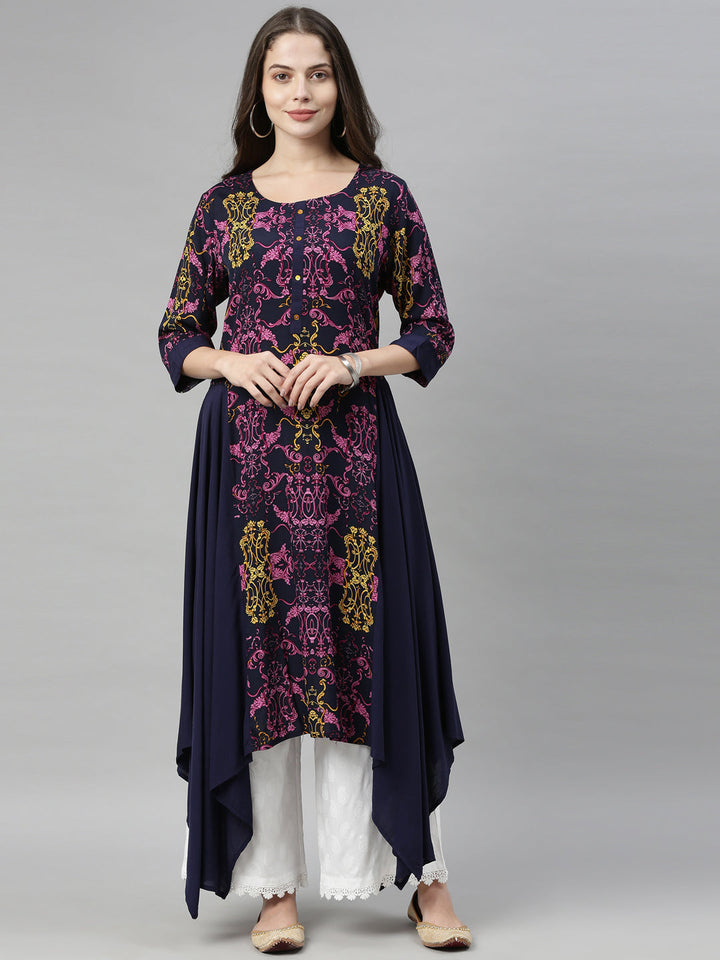 Neerus Blue Rayon Solid Kurti Tunic - front view