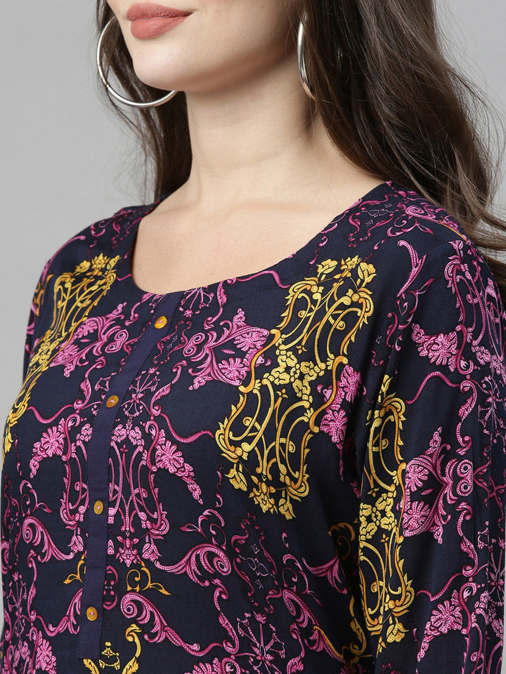 Neerus Blue Rayon Solid Kurti Tunic - back view