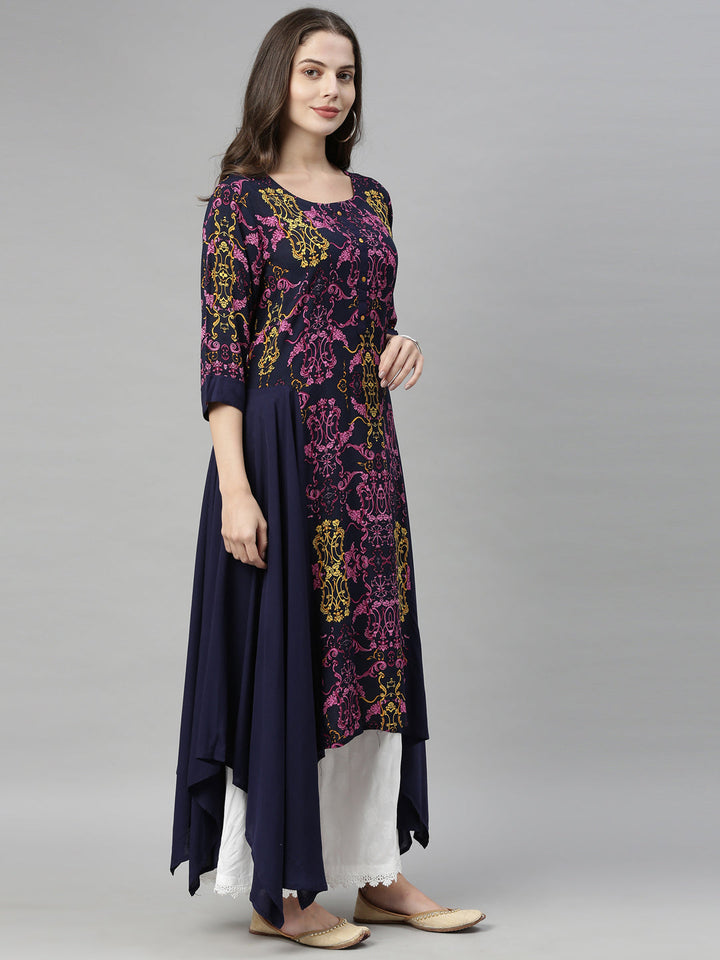 Neerus Blue Rayon Solid Kurti Tunic - detail view 3