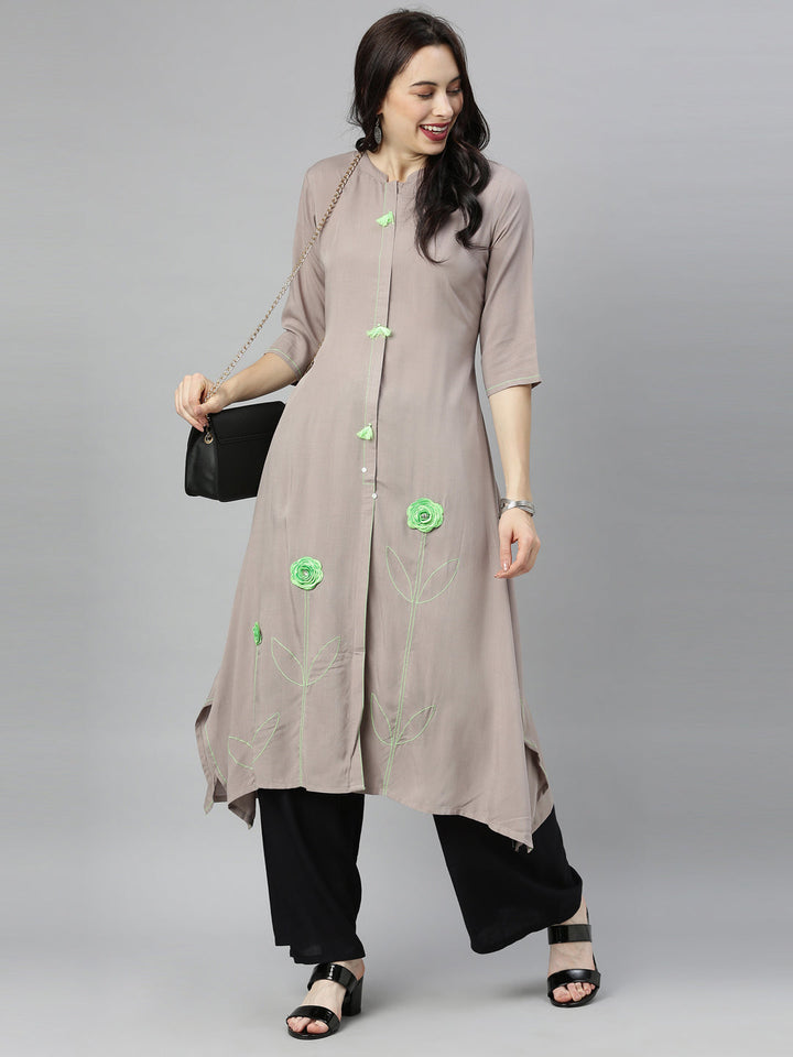 Neerus Grey viscose rayon embroidered A-line kurta - detail view 4