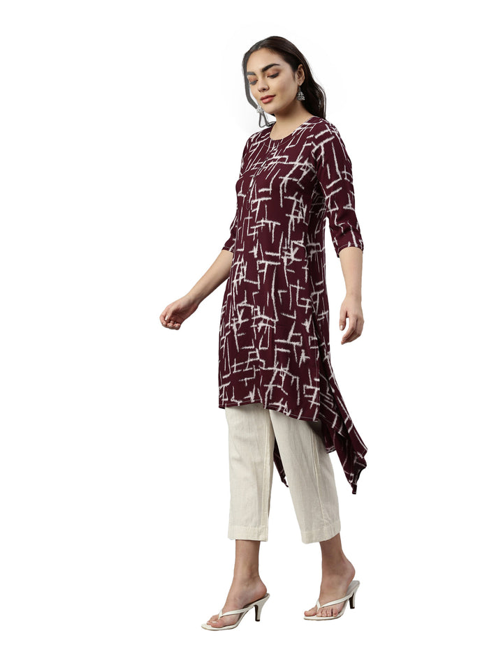 Neerus Maroon rayon printed A-Line kurta - back view