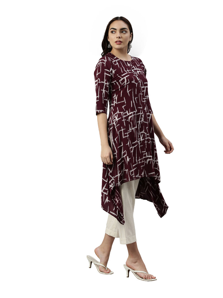 Neerus Maroon rayon printed A-Line kurta - side view
