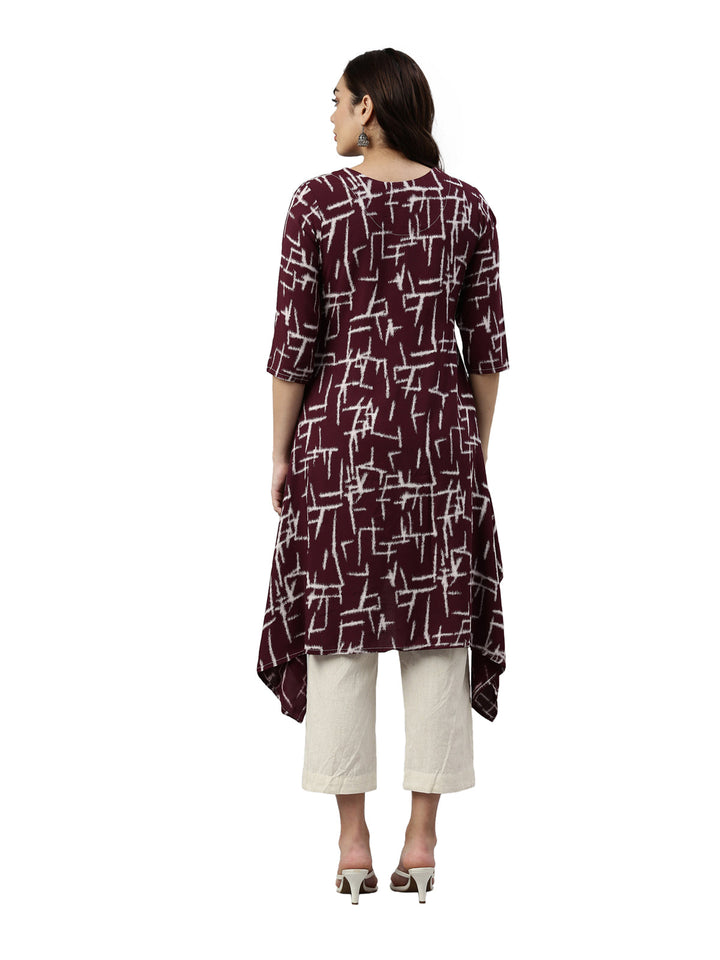 Neerus Maroon rayon printed A-Line kurta - detail view 1