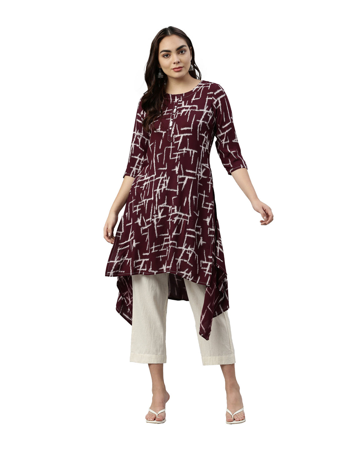 Neerus Maroon rayon printed A-Line kurta - front view