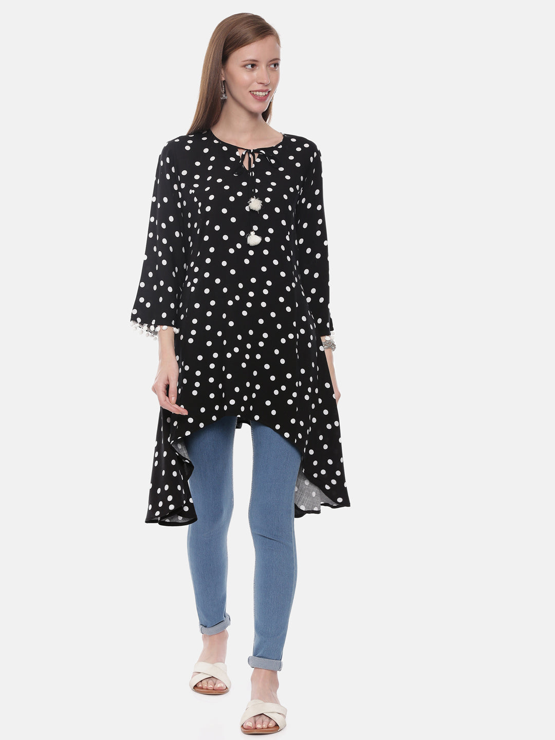 Neerus Black rayon printed high-low kurta - front view