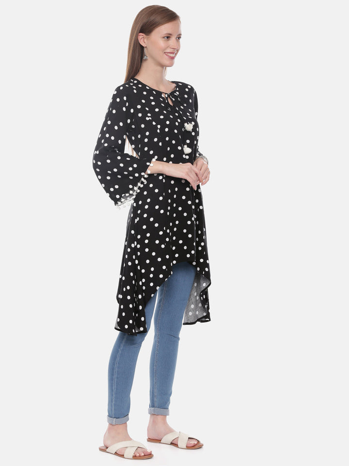 Neerus Black rayon printed high-low kurta - detail view 1