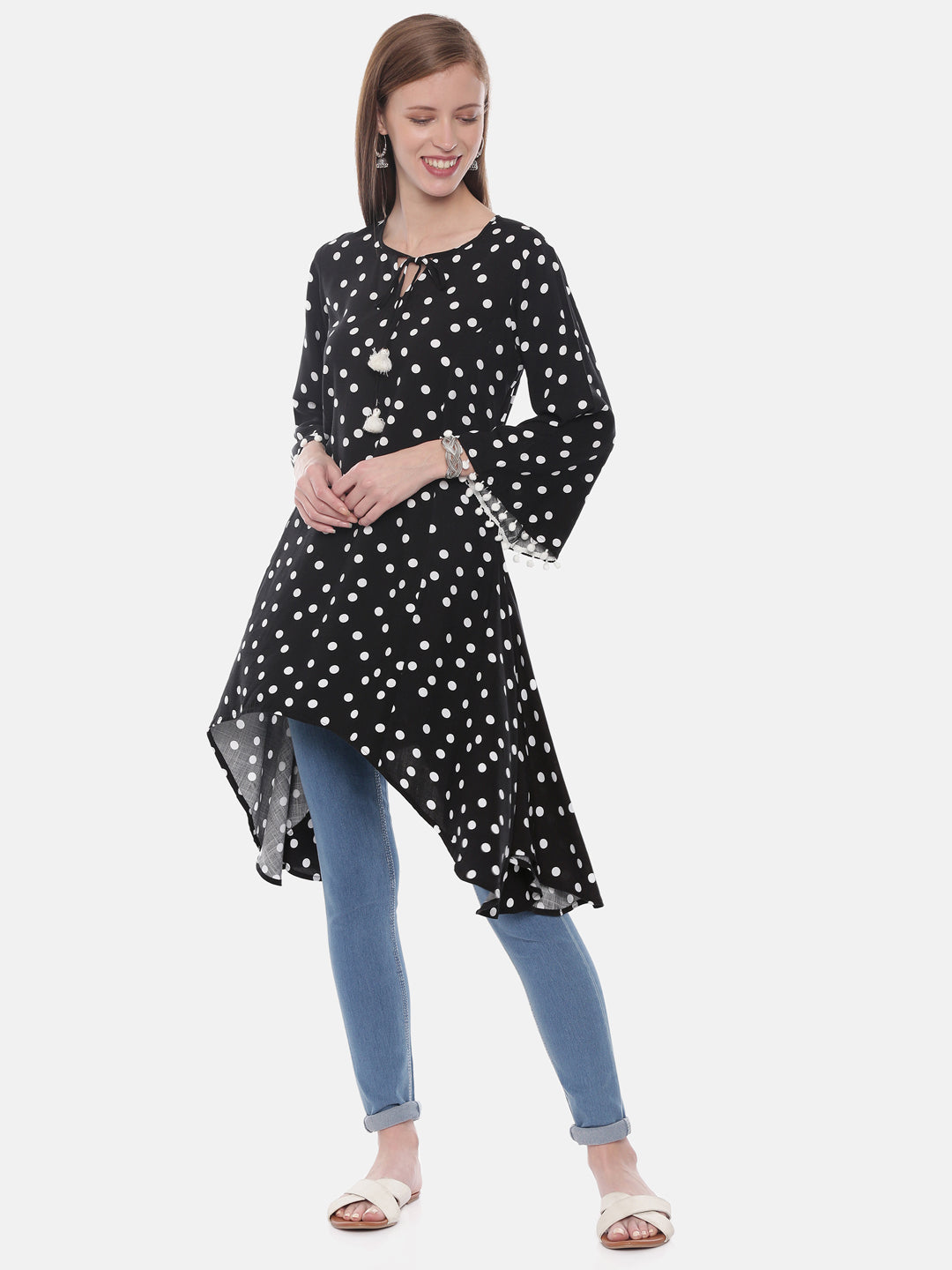 Neerus Black rayon printed high-low kurta - detail view 3