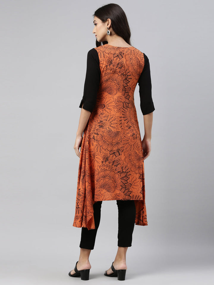 Neerus Black slub cotton straight kurti - side view