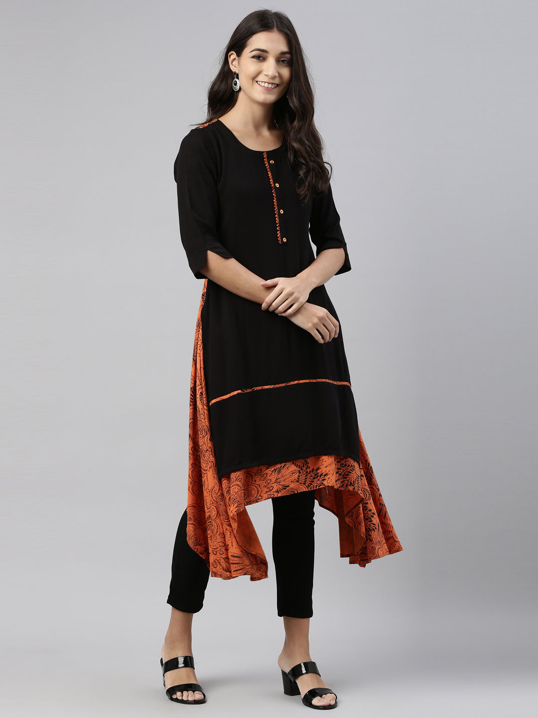 Neerus Black slub cotton straight kurti - detail view 1