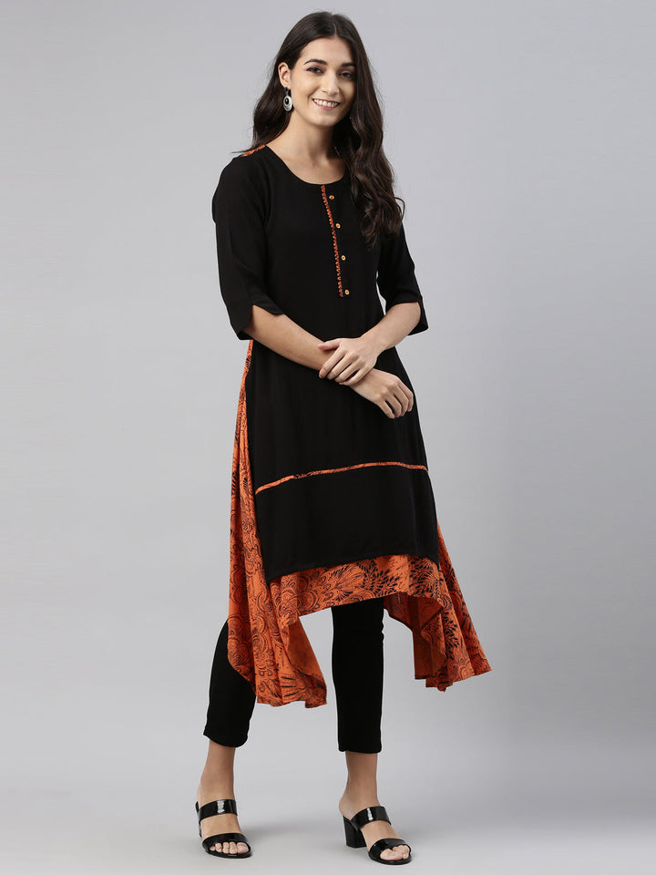 Neerus Black slub cotton straight kurti - detail view 1
