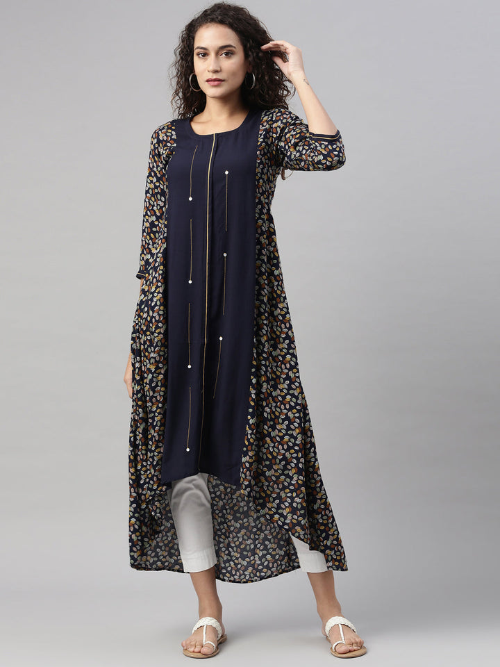 Neerus Blue printed ethnic kurta for women - front view