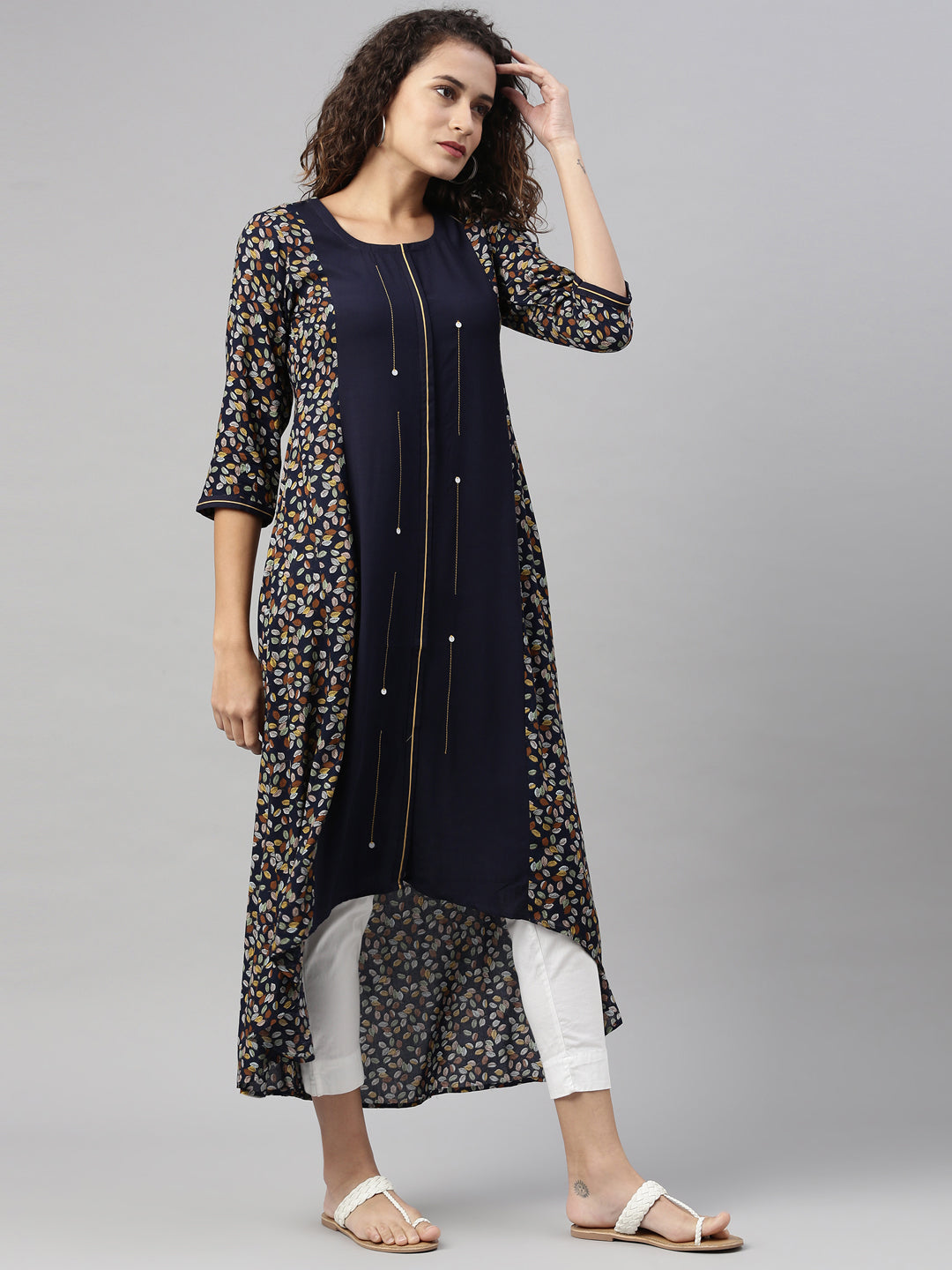 Neerus Blue printed ethnic kurta for women - back view