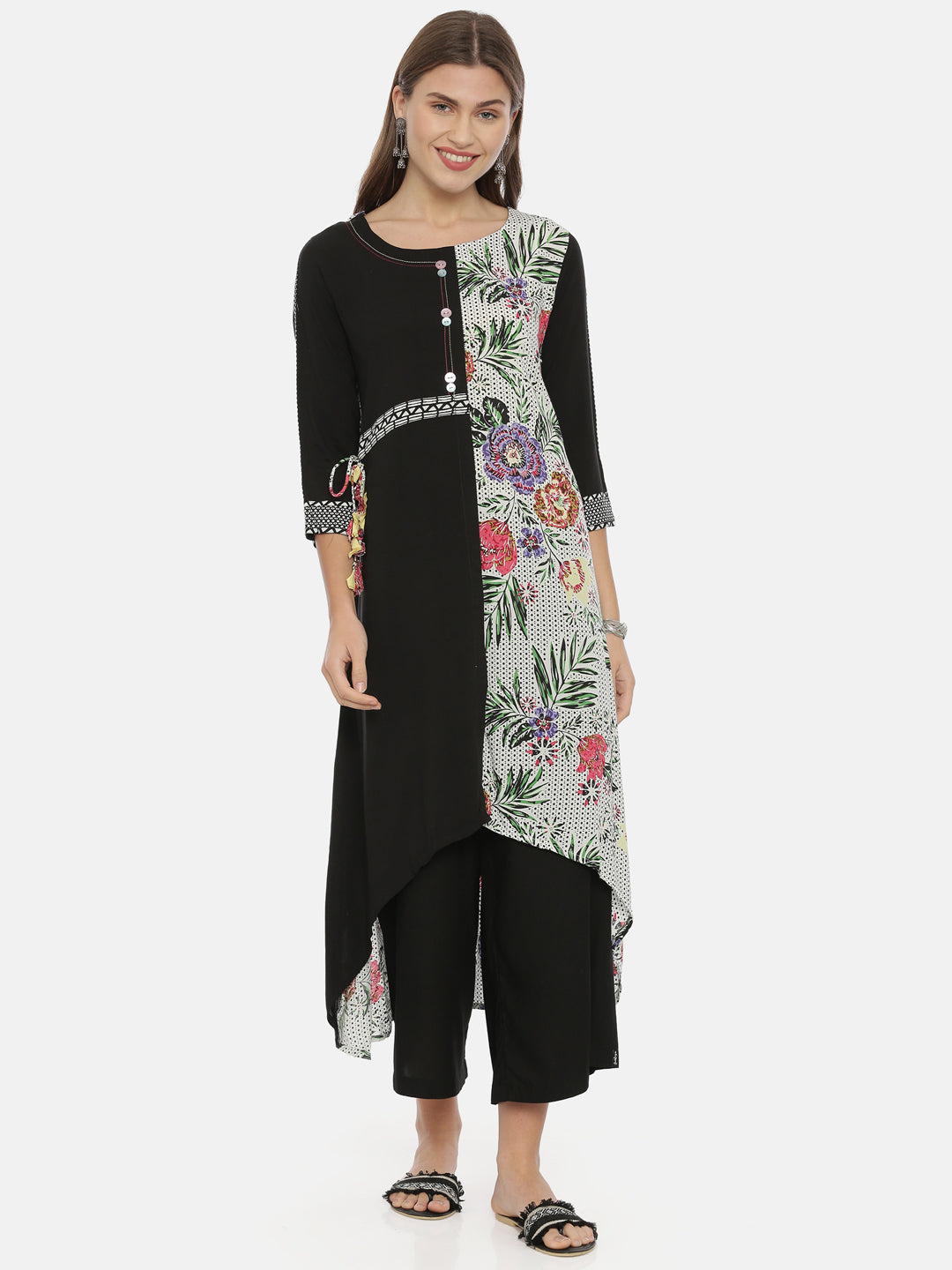 Neerus White viscose rayon printed high-low kurti - front view